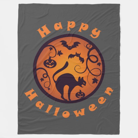 ハッピーハローウィンランタンブラックキャットスパイダーとこうもり フリースブランケット (正面)