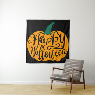 ハッピーハローウィンレタリングオン彫りカボチャ タペストリー