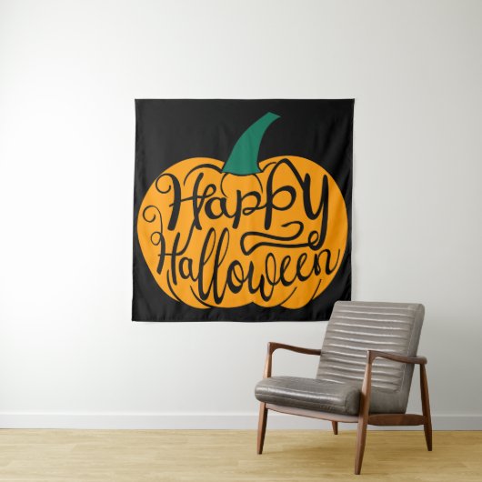ハッピーハローウィンレタリングオン彫りカボチャ タペストリー (インサイチュ)
