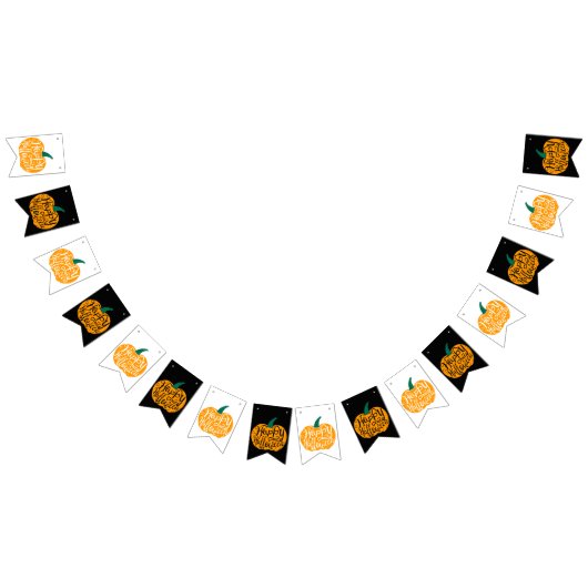ハッピーハローウィンレタリングオン彫りカボチャ バンティングフラッグ (全)
