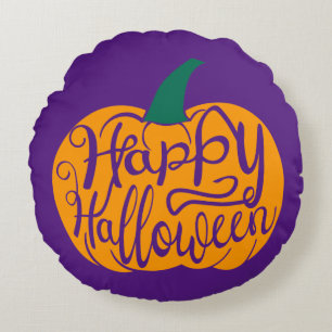 ハッピーハローウィンレタリングオン彫りカボチャ ラウンドクッション