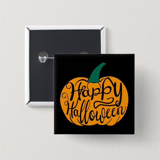 ハッピーハローウィンレタリングオン彫りカボチャ 缶バッジ (正面&裏面)