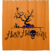 ハッピーハローウィンロゴとカボチャとスカル シャワーカーテン (正面)