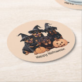 ハッピーハローウィンロットワイラードッグハロウィーンのカボチャのちょうちん ラウンドペーパーコースター (アングル)