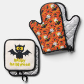 ハッピーハローウィンヴァンパイアファン飛んでいるこうもりフルムーン 鍋つかみ&鍋敷きセット (正面/裏面)