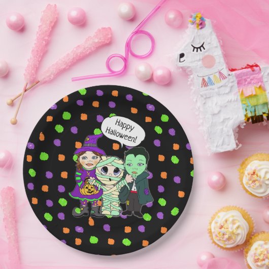 ハッピーハローウィンヴァンパイア、魔女ミイラ水玉模様 ペーパープレート (パーティー)