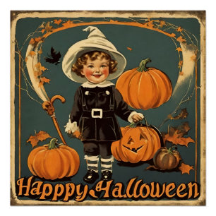 ハッピーハローウィンヴィンテージチャイルドカボチャ ポスター