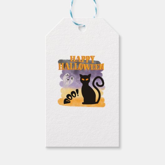 ハッピーハローウィンー!ギフト幽霊黒猫 ギフトタグ (正面)