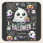 ハッピーハローウィン不気味かわいい幽霊 スクエアペーパーコースター (正面)