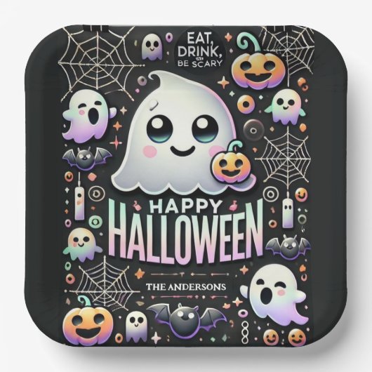 ハッピーハローウィン不気味かわいい幽霊 ペーパープレート (正面)