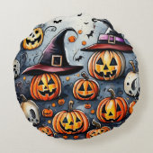 ハッピーハローウィン不気味なトリートまたはトリックデザイン ラウンドクッション (裏面)