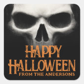 ハッピーハローウィン不気味な幽霊スカルブラックオレンジ スクエアシール (正面)