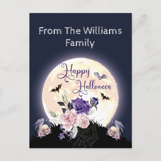 ハッピーハローウィン不気味な月とバラゴシック シーズンポストカード (正面)