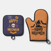 ハッピーハローウィン不気味な骨格こうもり 鍋つかみ&鍋敷きセット (正面)