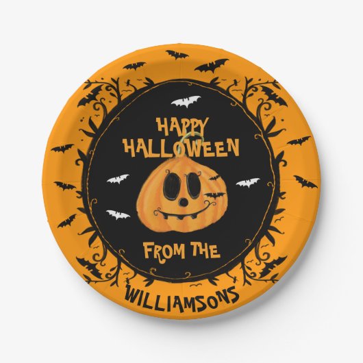 ハッピーハローウィン不気味カボチャ彫刻パーティー ペーパープレート (正面)