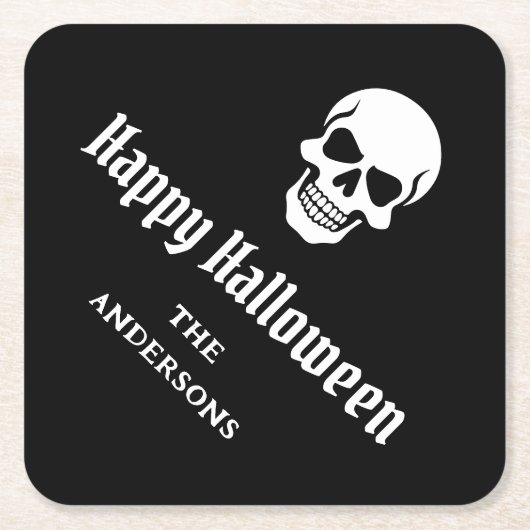 ハッピーハローウィン不気味スカル名前をカスタムする又は文字 スクエアペーパーコースター (正面)