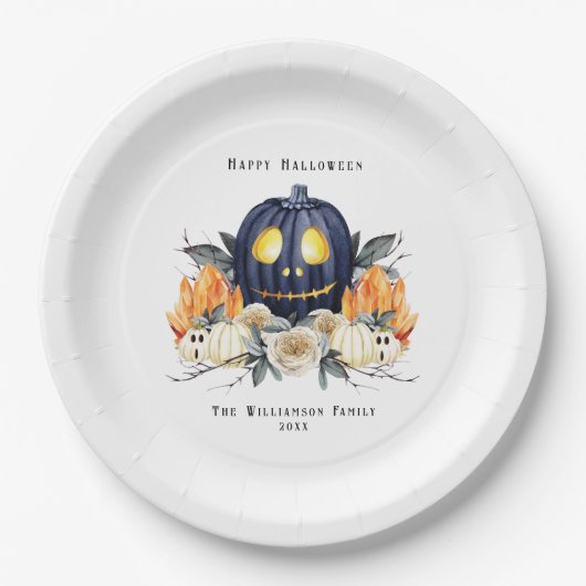 ハッピーハローウィン不気味ハロウィンカボチャ結晶 ペーパープレート (正面)
