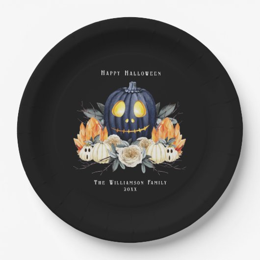 ハッピーハローウィン不気味ハロウィンカボチャ結晶 ペーパープレート (正面)