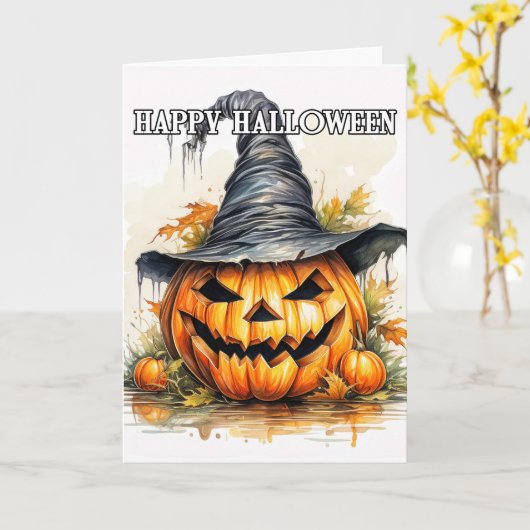 ハッピーハローウィン不気味パンプキンウィッチ カード (黄色い花)