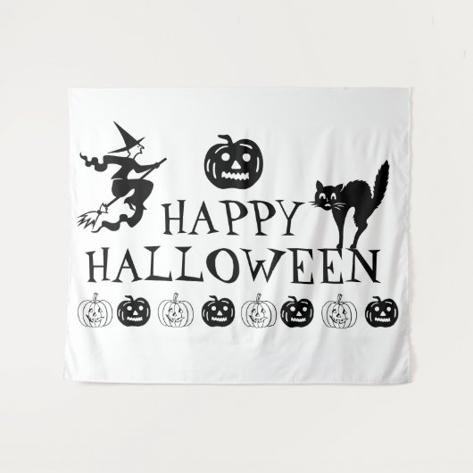 ハッピーハローウィン不気味白黒装飾 タペストリー (正面(横))