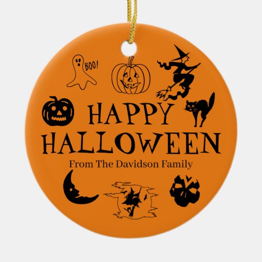 ハッピーハローウィン名前をカスタムするブラックとオレンジ色の装飾 セラミックオーナメント (正面)