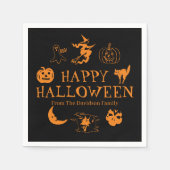 ハッピーハローウィン名前をカスタムするブラックオレンジスプキー スタンダードカクテルナプキン (正面)
