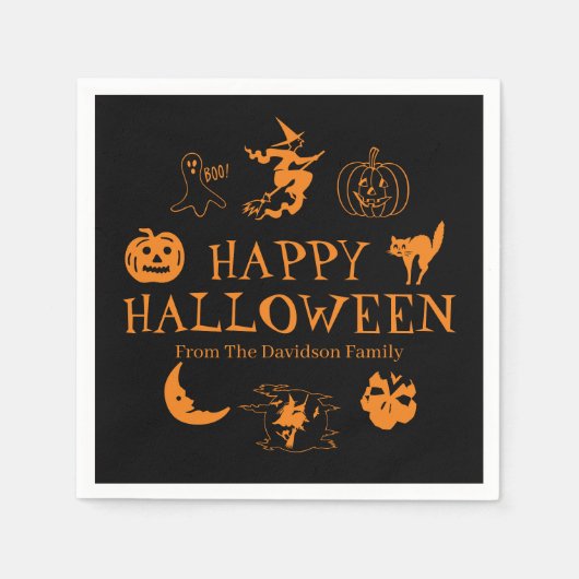 ハッピーハローウィン名前をカスタムするブラックオレンジスプキー スタンダードカクテルナプキン (正面)