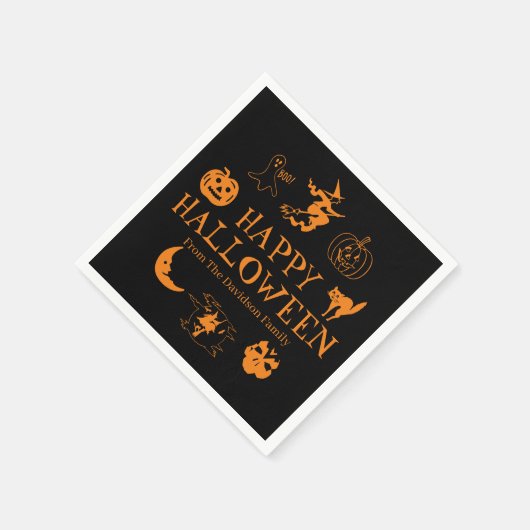 ハッピーハローウィン名前をカスタムするブラックオレンジスプキー スタンダードカクテルナプキン (角)