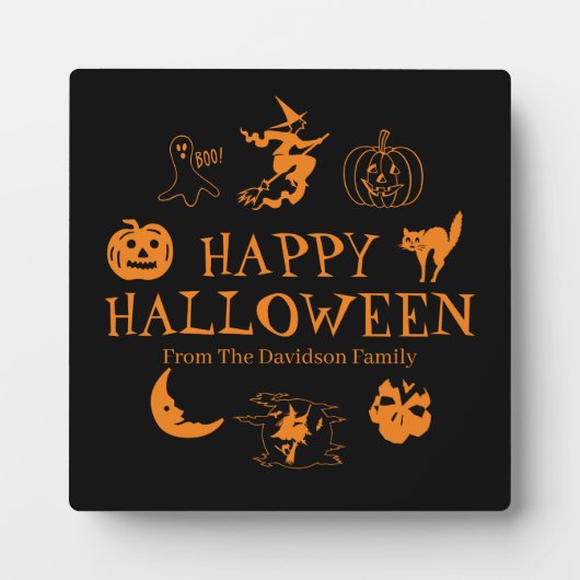 ハッピーハローウィン名前をカスタムするブラックオレンジデコール フォトプラーク (正面)