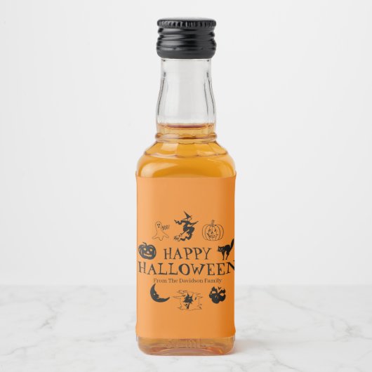 ハッピーハローウィン名前をカスタムするブラック&オレンジスポオキー リキュールボトルラベル (正面)