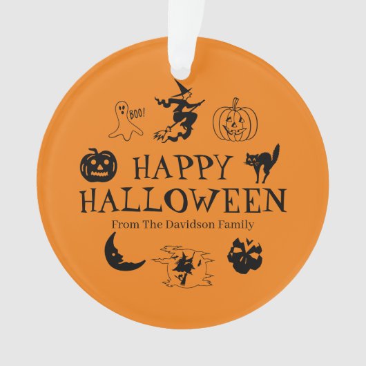 ハッピーハローウィン名前をカスタムするブラック&オレンジデコール オーナメント (正面)
