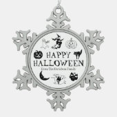 ハッピーハローウィン名前をカスタムするブラック・スポオキー・デコル スノーフレークピューターオーナメント (正面)