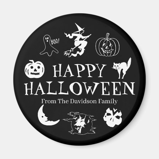 ハッピーハローウィン名前をカスタムする白黒不気味 マグネット (正面)