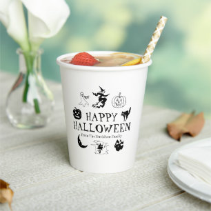 ハッピーハローウィン名前をカスタムする白黒不気味  紙コップ