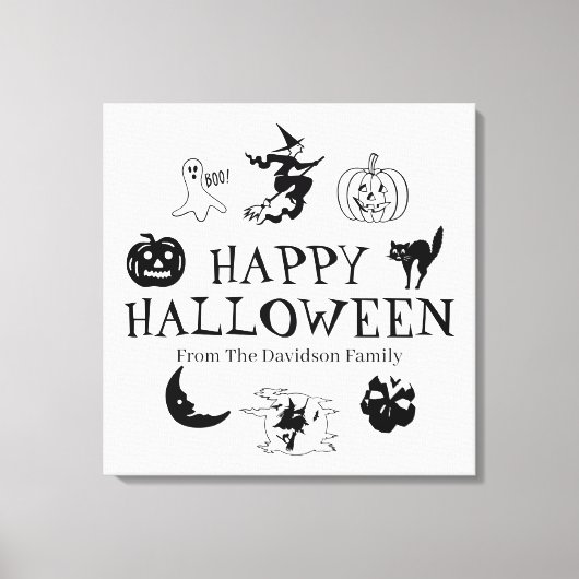 ハッピーハローウィン名前をカスタムする白黒計 キャンバスプリント (正面)