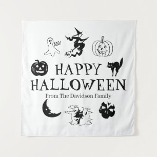ハッピーハローウィン名前をカスタムする白黒計 タペストリー