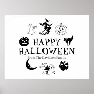 ハッピーハローウィン名前をカスタムする白黒 ポスター