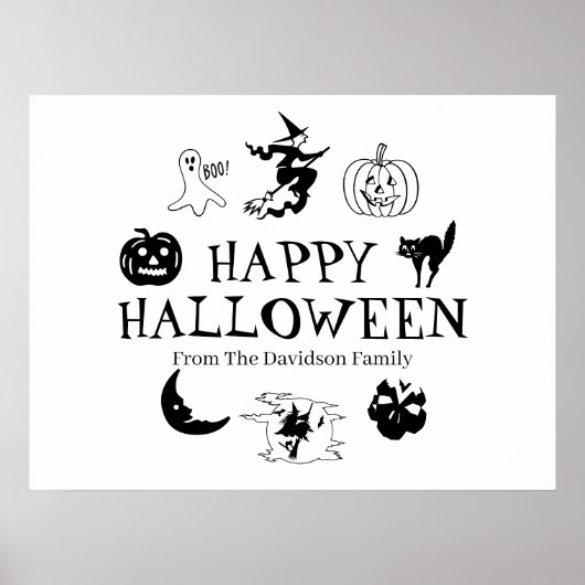 ハッピーハローウィン名前をカスタムする白黒 ポスター (正面)