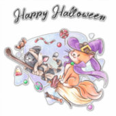 ハッピーハローウィン子猫が箒に乗り込む シール (正面)