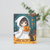 ハッピーハローウィン小さな女の子幽霊と黒猫 シーズンポストカード (スタンド正面)