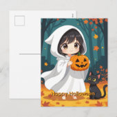ハッピーハローウィン小さな女の子幽霊と黒猫 シーズンポストカード (正面/裏面)