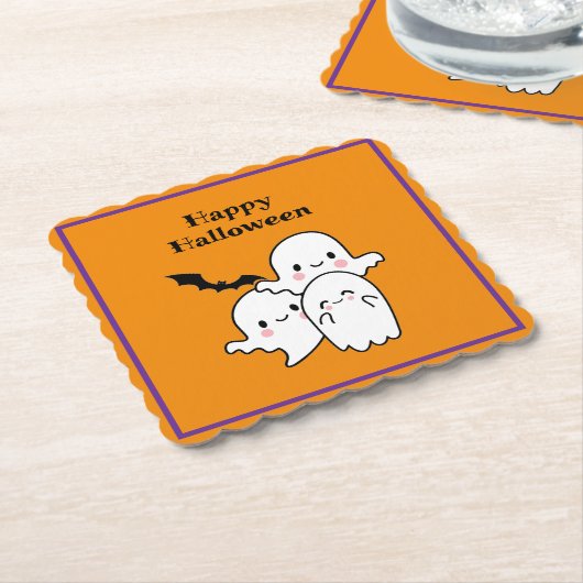ハッピーハローウィン幽霊こうもりオレンジ紫 ペーパーコースター (アングル)