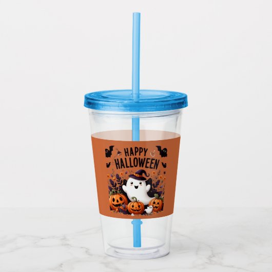 ハッピーハローウィン幽霊とカボチャおもしろいアートティー アクリルタンブラー (正面)