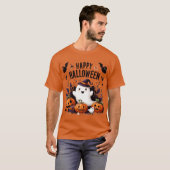 ハッピーハローウィン幽霊とカボチャおもしろいアートティー Tシャツ (正面フル)