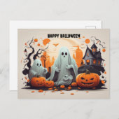 ハッピーハローウィン幽霊とカボチャ シーズンポストカード (正面/裏面)