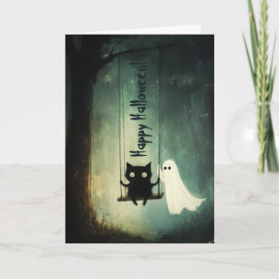 ハッピーハローウィン幽霊とキャットオンスイング サンキューカード