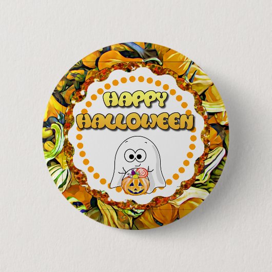 ハッピーハローウィン幽霊とグルボタン 缶バッジ (正面)