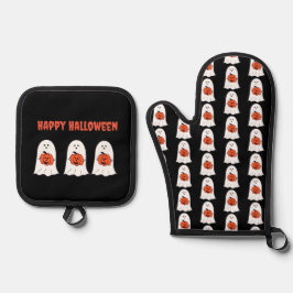 ハッピーハローウィン幽霊とJack-o-Lanterns 鍋つかみ&鍋敷きセット