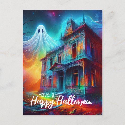 ハッピーハローウィン幽霊のよく出るハウスと幽霊 ポストカード (正面)