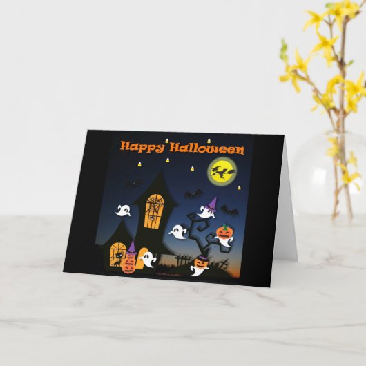 ハッピーハローウィン幽霊のよく出るハウス カード (黄色い花)